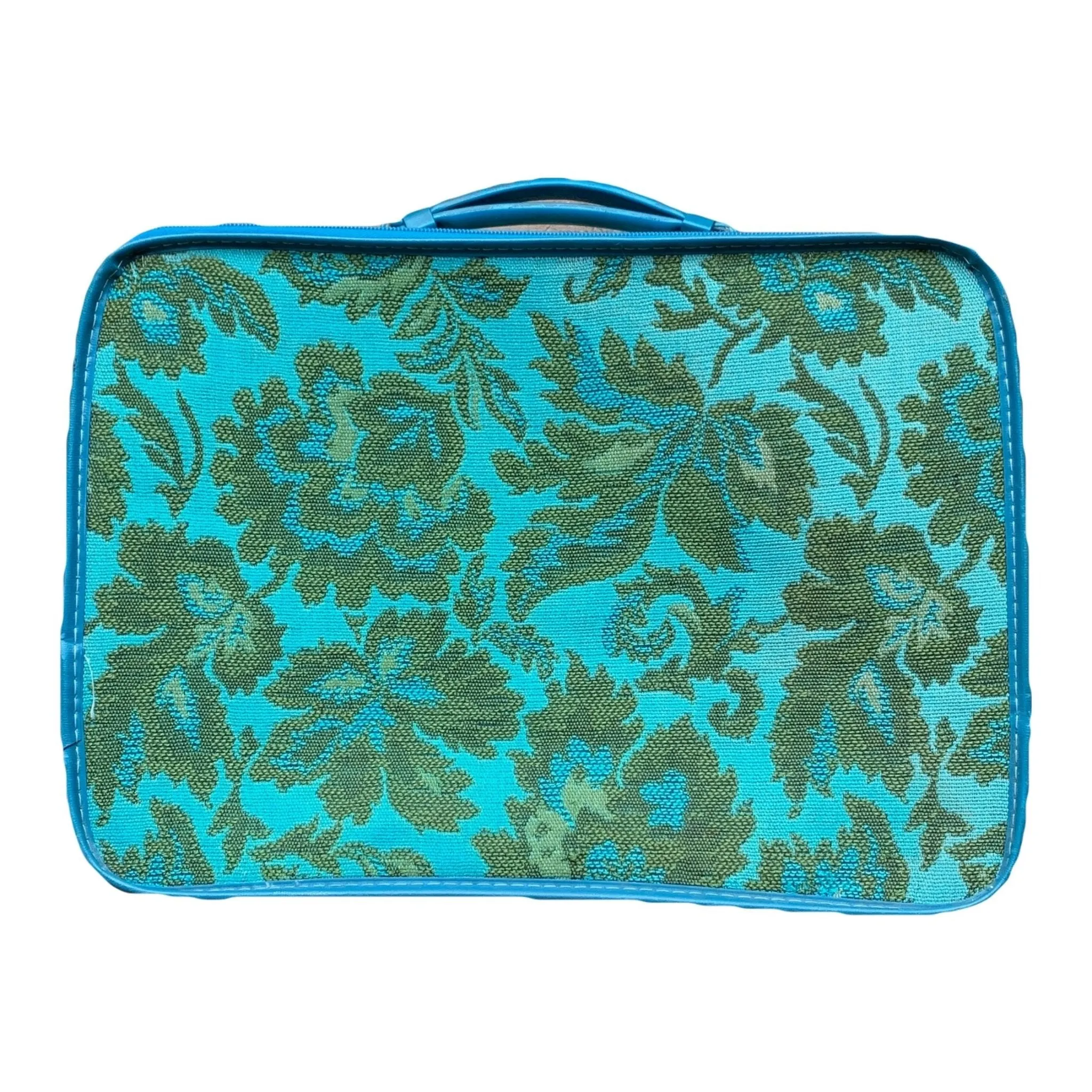 1950s Tapestry Suitcase a in Bright Turquoise and Green Brocade Floral Pattern. Perfect Overnight Bag