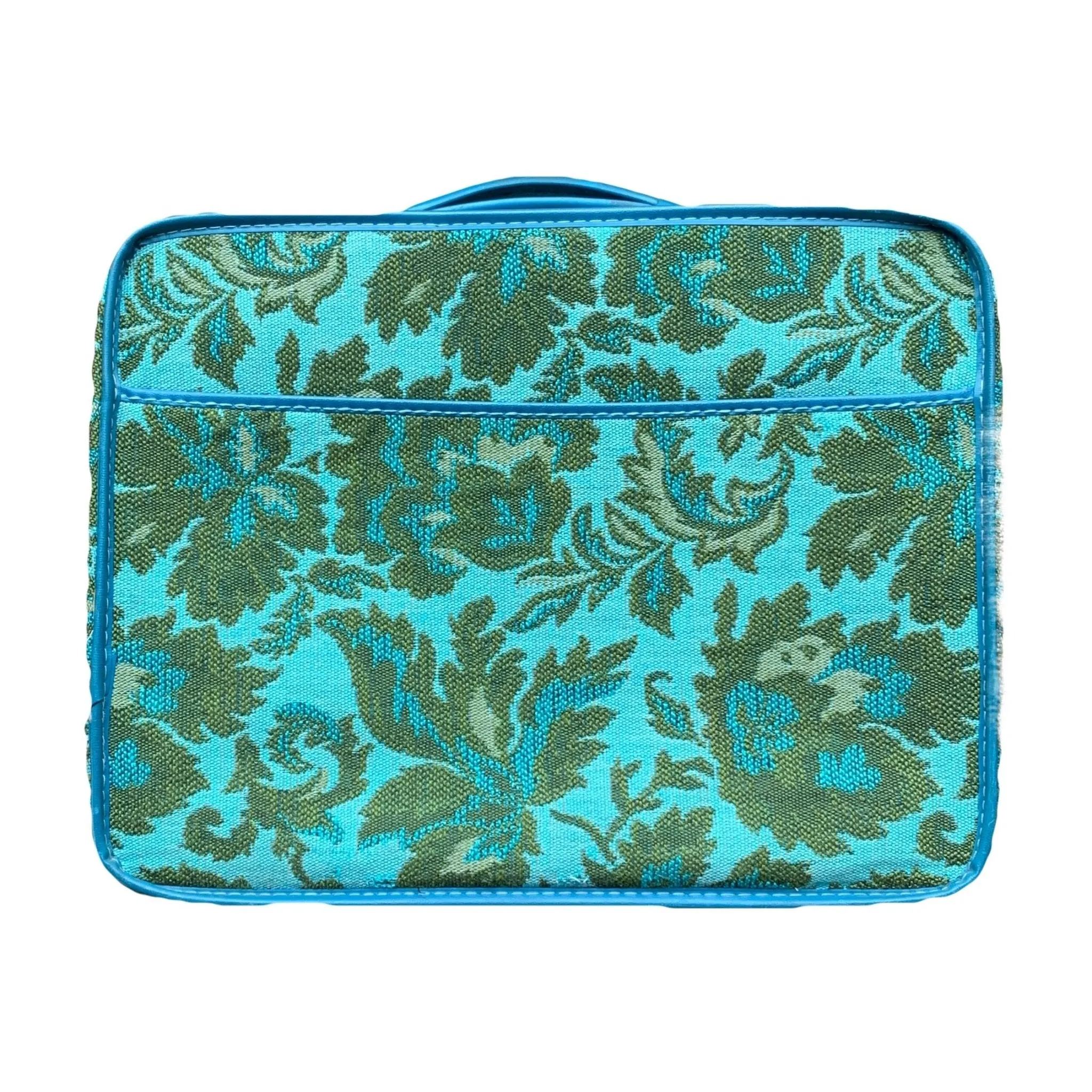 1950s Tapestry Suitcase a in Bright Turquoise and Green Brocade Floral Pattern. Perfect Overnight Bag