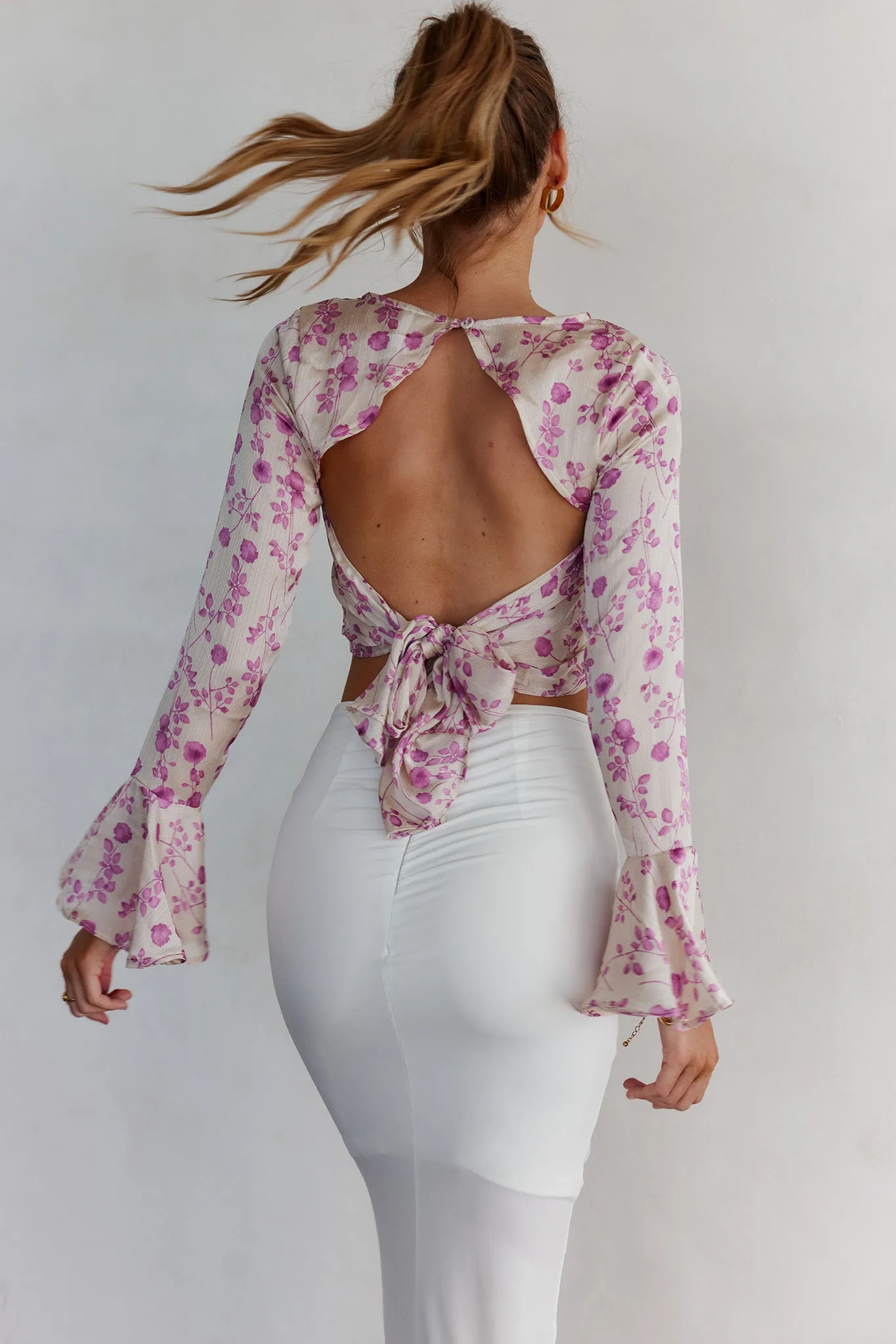 Adalia Long Sleeve Tied Top Floral Champagne