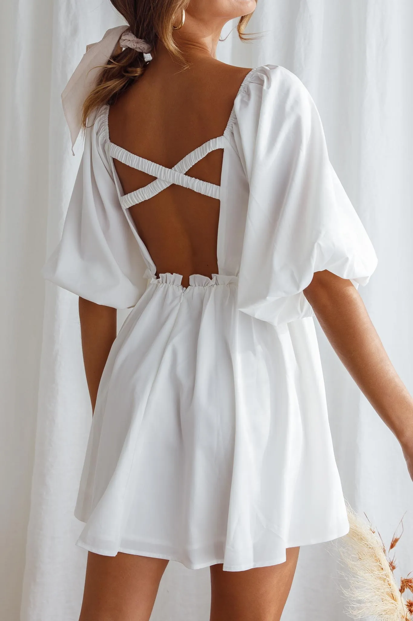 Always Dreaming Puff Sleeve Structured V-Neckline Mini Dress White