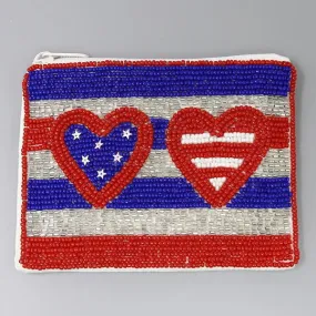 American Flag Patriotic Heart Seed Beaded Coin Purse