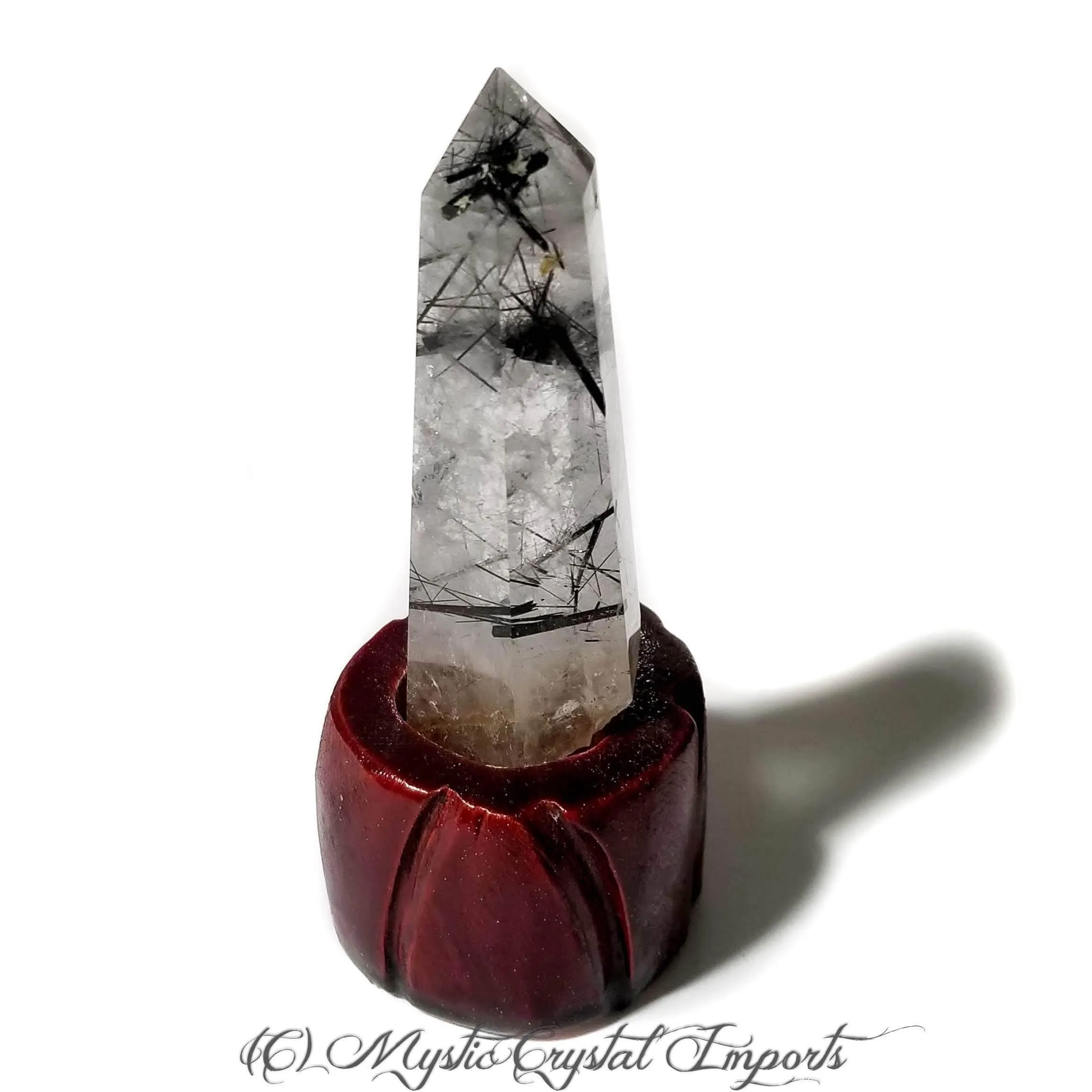 Black Tourmalinated Quartz Crystal Point With Carved Wood Stand - 4 1/2