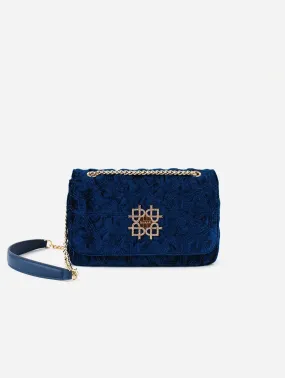 Broadway Vegan Velvet Jacquard Shoulder Bag | Navy