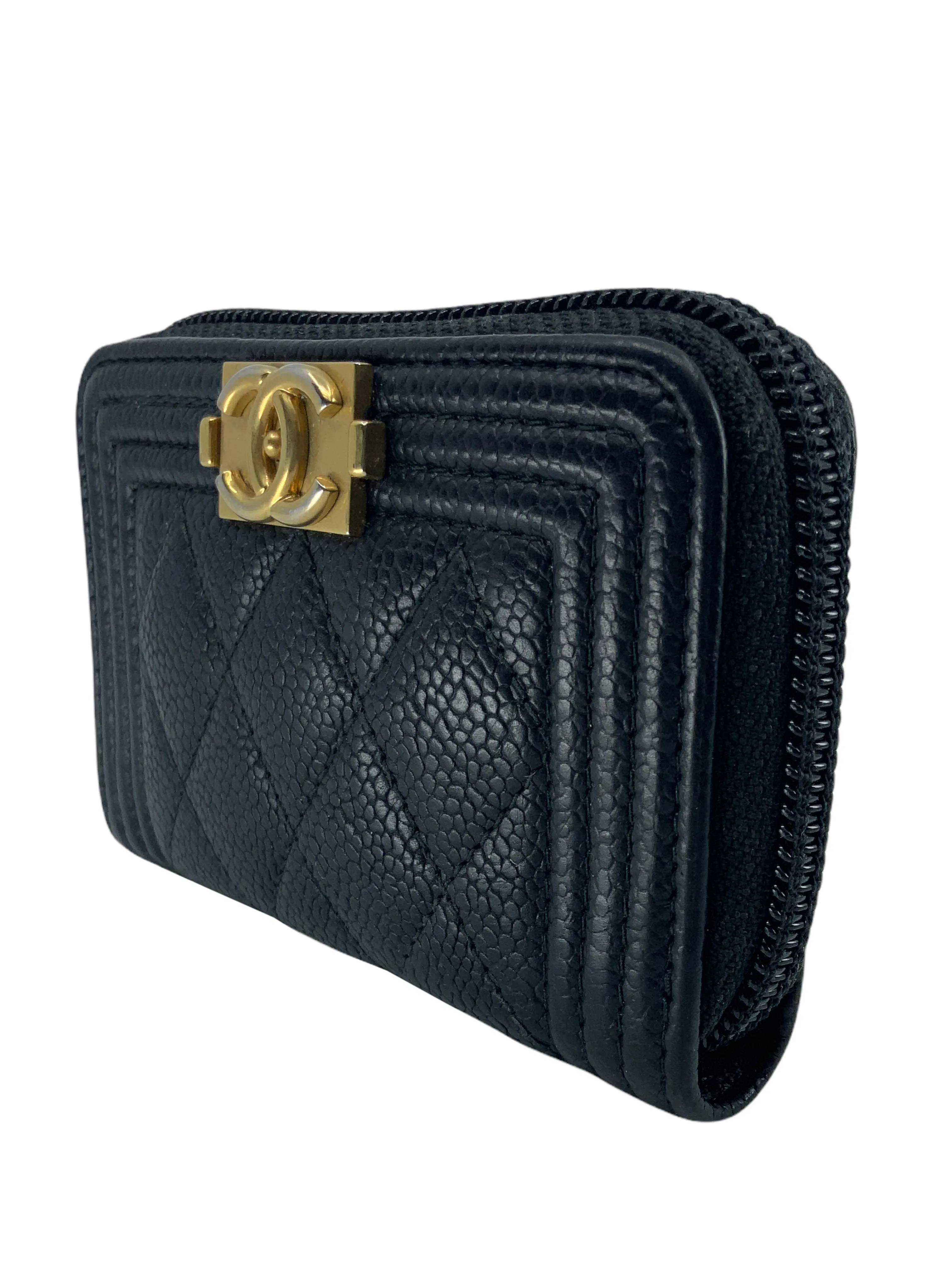 CHANEL Caviar Quilted Boy Zip Around Coin Purse Wallet