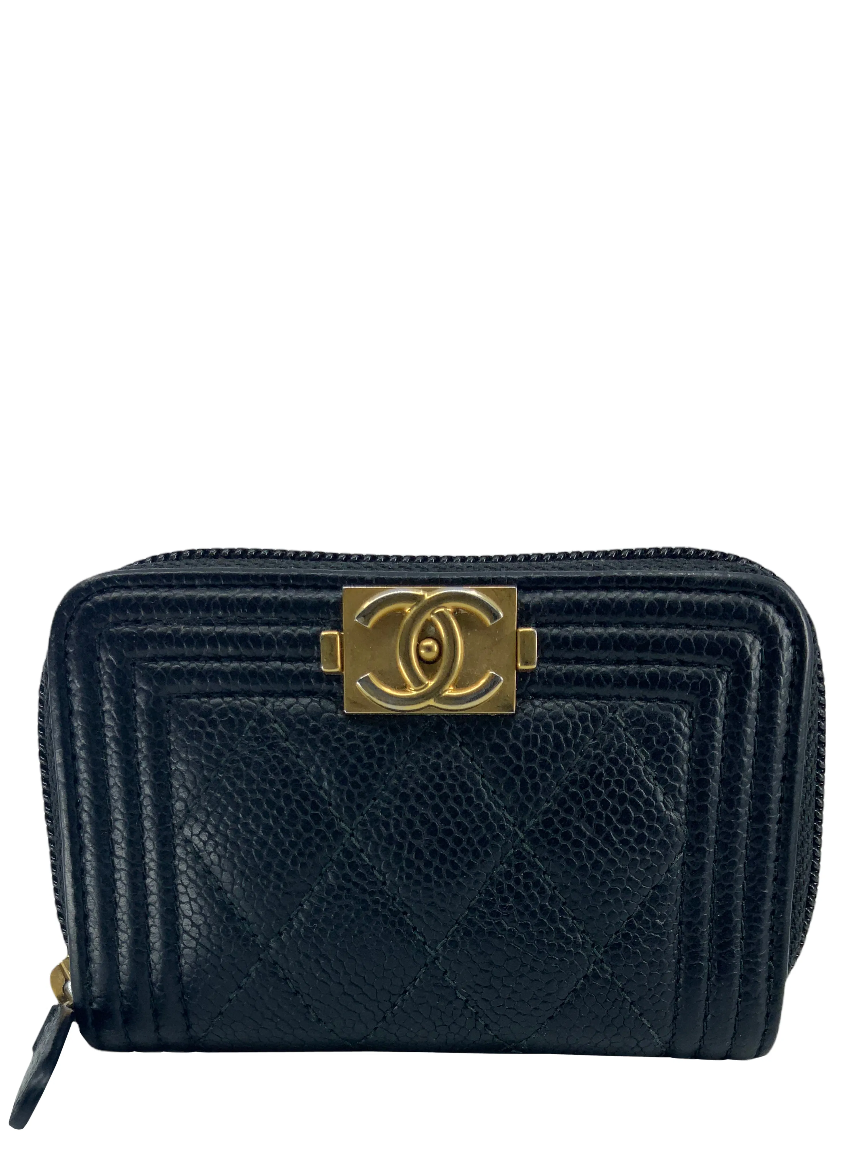 CHANEL Caviar Quilted Boy Zip Around Coin Purse Wallet