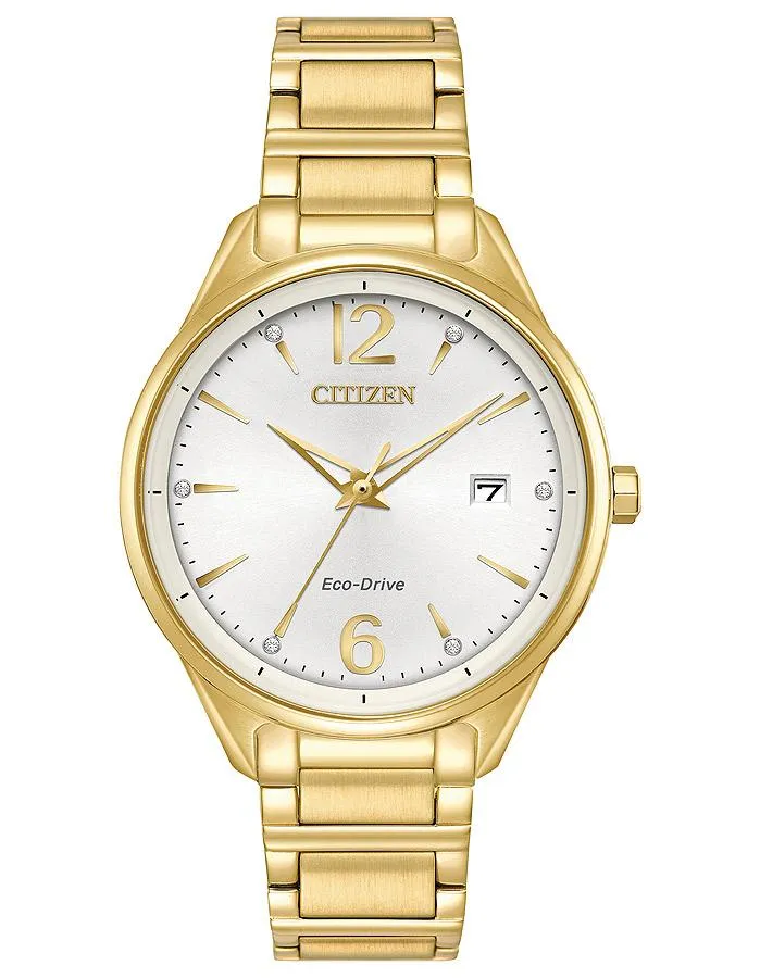 Citizen Eco-Drive Chandler Crystal Watch - Gold-Tone - Silver/White Dial - Date