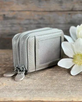 Double Zipped Leather Card Holder Purse - Pale Grey