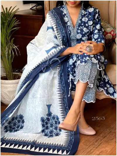 Indigo Lace Cotton Blue Striaght Salwar Suit