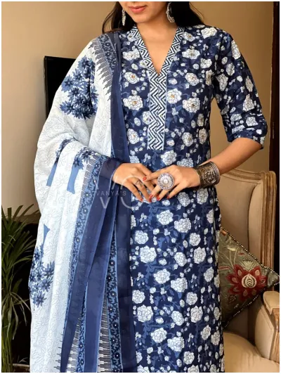 Indigo Lace Cotton Blue Striaght Salwar Suit