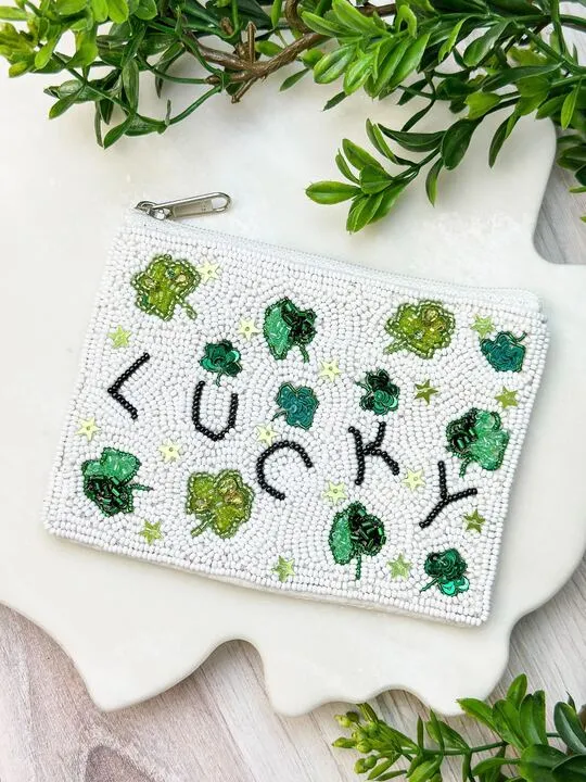 'Lucky' Clover Beaded Zip Pouch