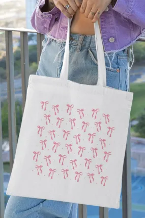 Pink Bows Aesthetic White Tote Bag with Zipper (Coquette Themed)