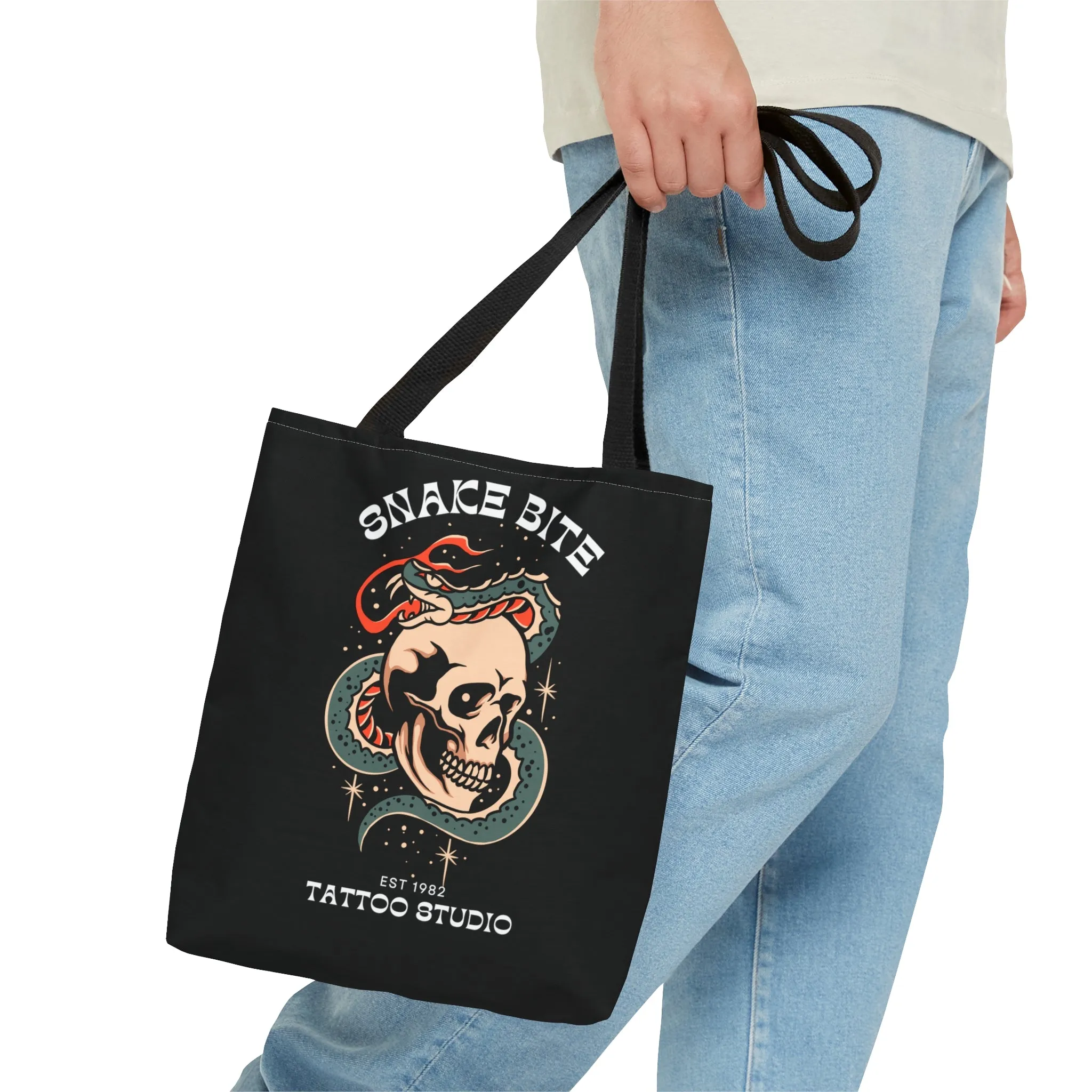 Snake Bite Tattoo Studio Black Tote Bag