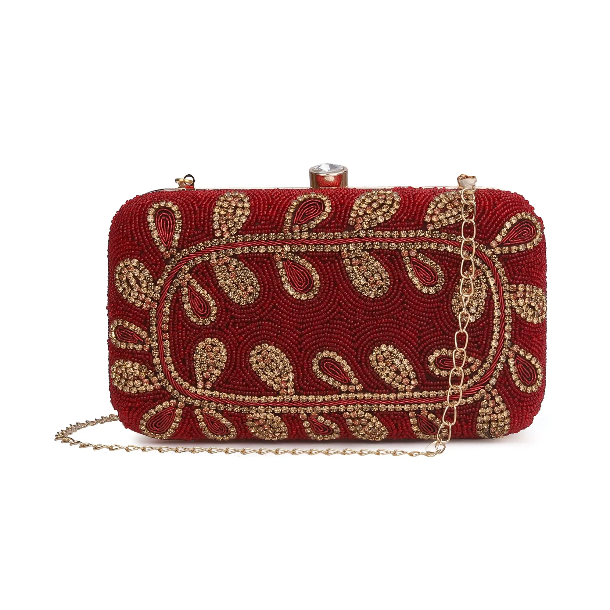 THE CLOWNFISH Angela Collection Womens Party Clutch Ladies Wallet Evening Bag with Fashionable Round Corners Beads Work Floral Design (Maroon)