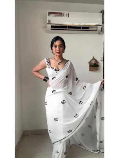 White 1 Minute Sari Sticthed Bollywood Georgette Saree